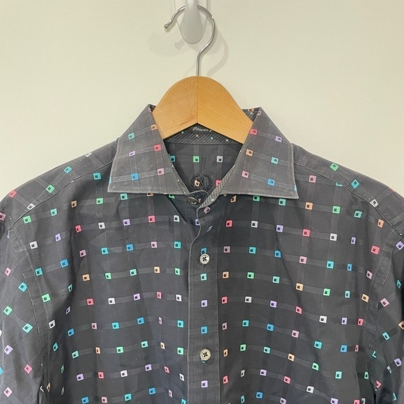 Bugatchi Black Classic Fit Multi-Color Square Print Button Up Short - Picture 3 of 7